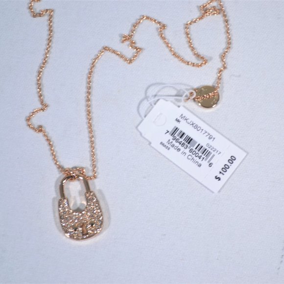 NIB MICHAEL KORS ROSE GOLD CRYSTAL PADLOCK NECKLACE - Picture 3 of 7